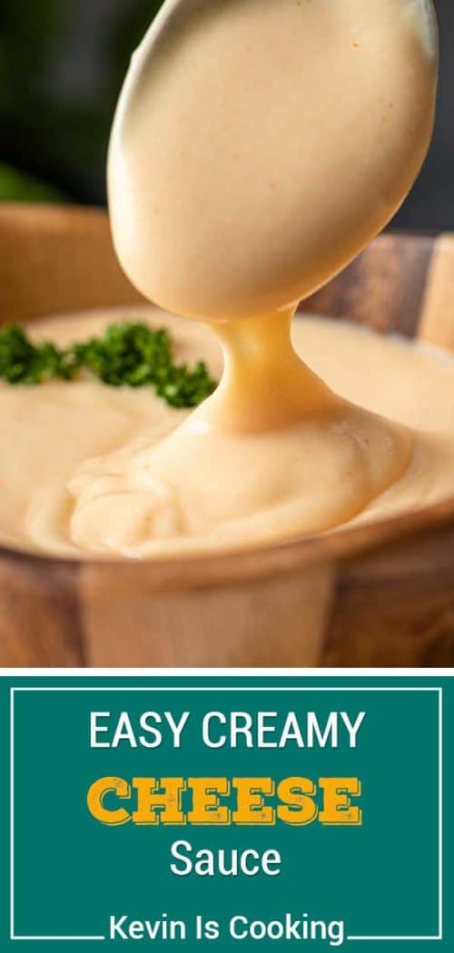 creamy cheese sauce dripping from spoon inot bowl