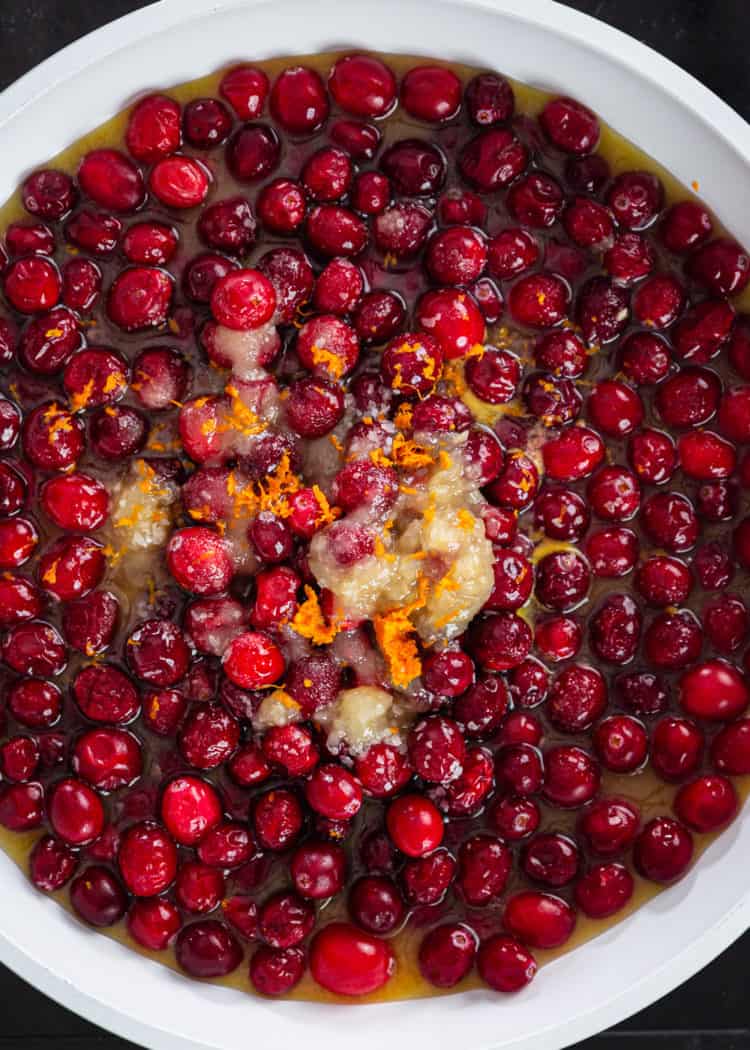 overhead: cranberries cooking with sugar and orange juice