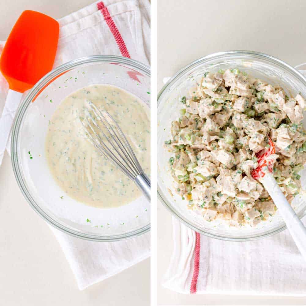 chicken salad dressing and bowl of mixed chicken salad