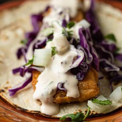 close up of baja style fish taco with fish taco sauce and slaw on top