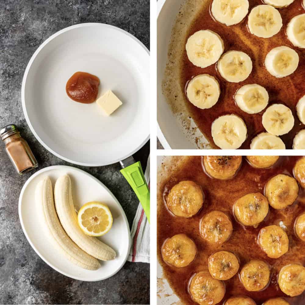 photo collage of steps to make an easy banana dessert