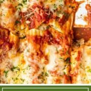 titled Pinterest image shows baked pasta casserole with tomato sauce, beef and cheese