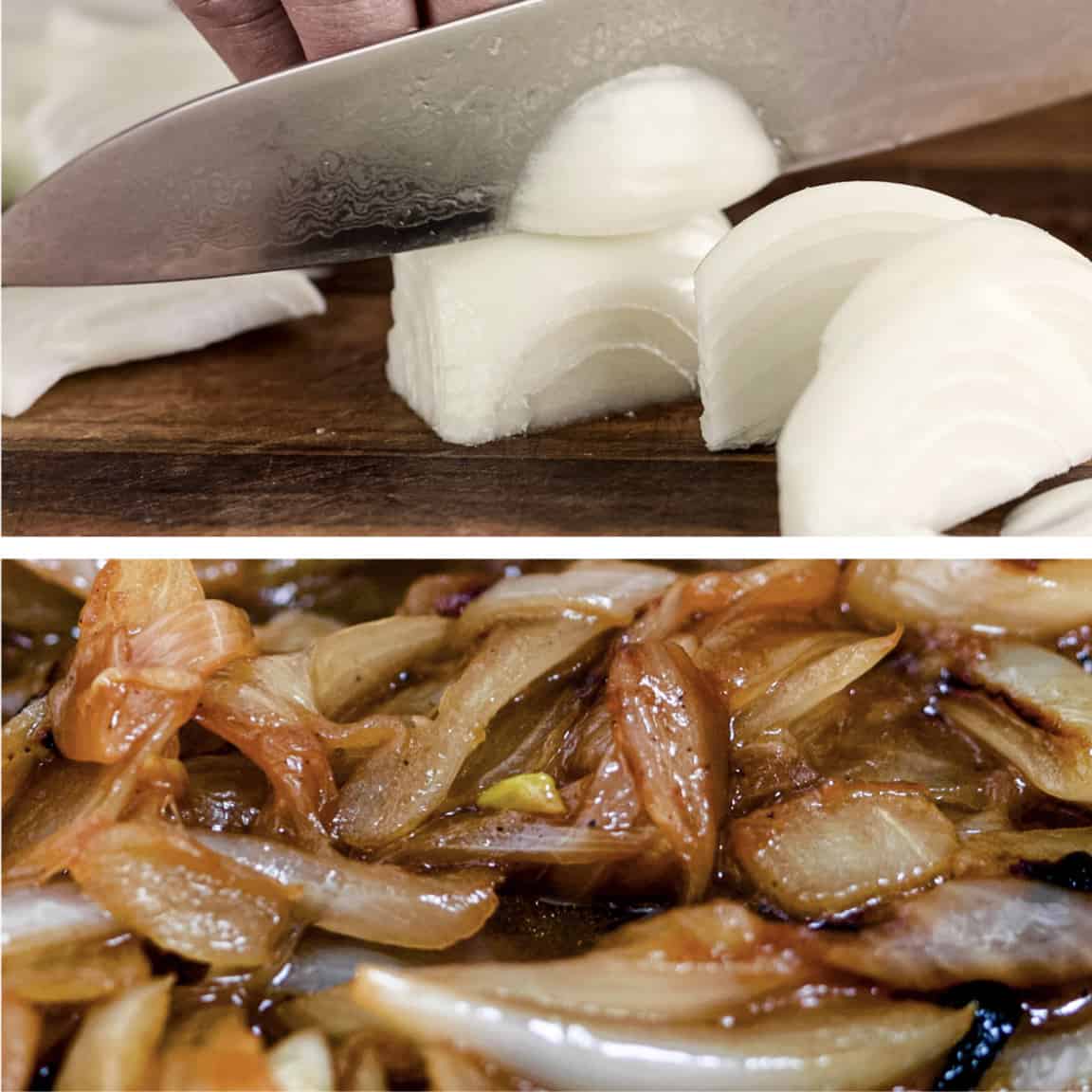 photo collage shows close up of chef's knife slicing white onion and caramelized onions