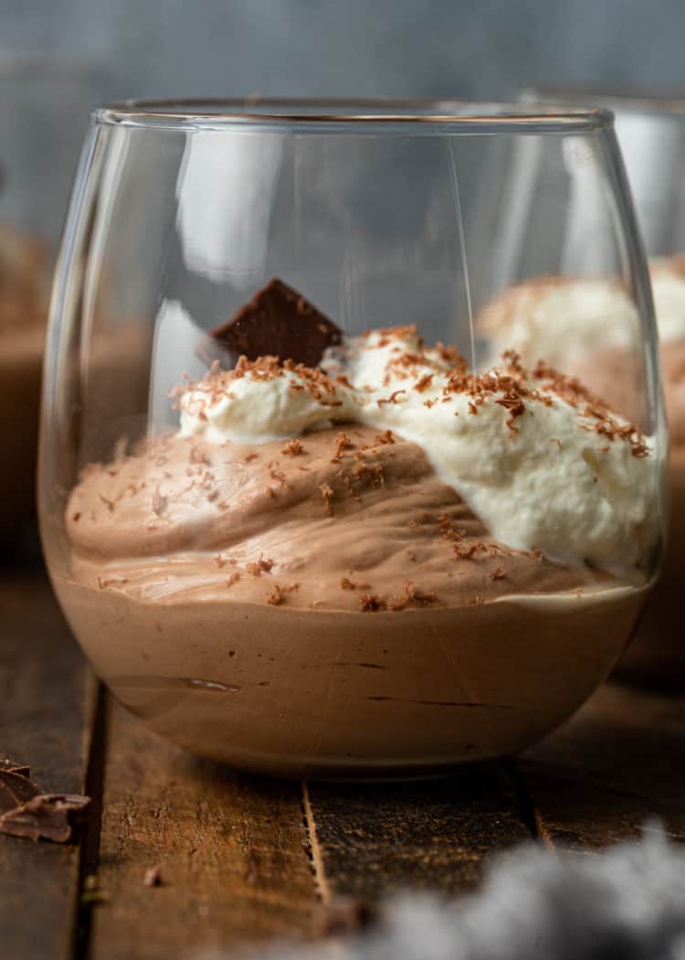 closeup: mousse au chocolat, whipped cream and shaved chocolate on top