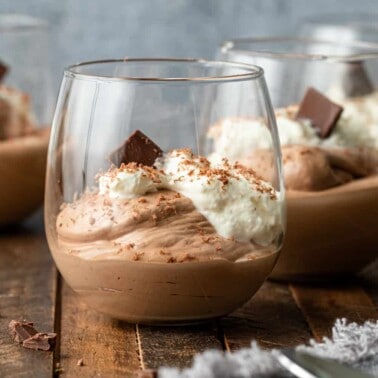 closeup: mousse au chocolate (french chocolate mousse) in glass dessert cup