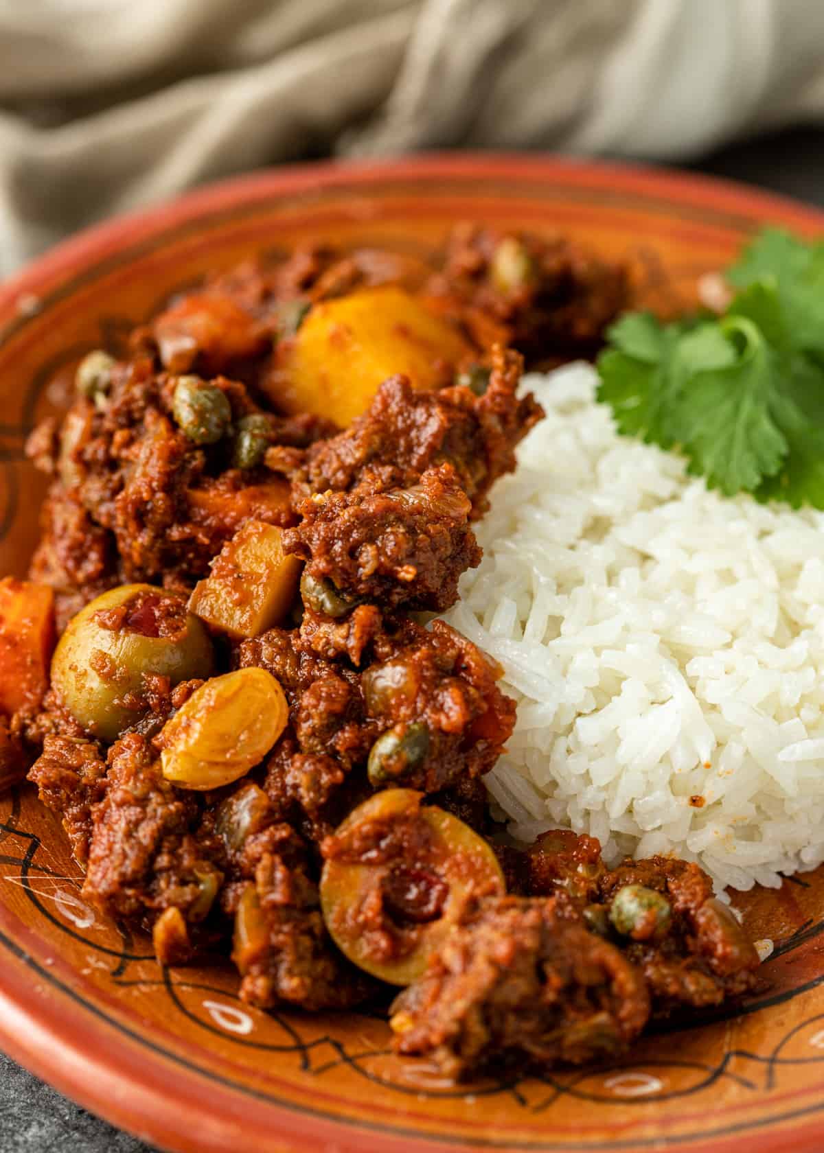 closeup: beef picadillo and cilantro lime rice on plate
