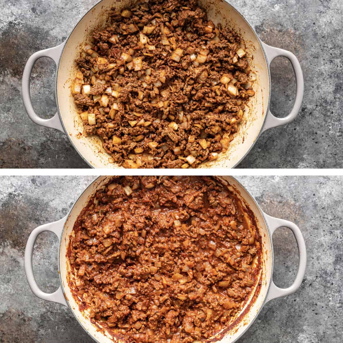 overhead collage: cuban picadillo in a pan cooking