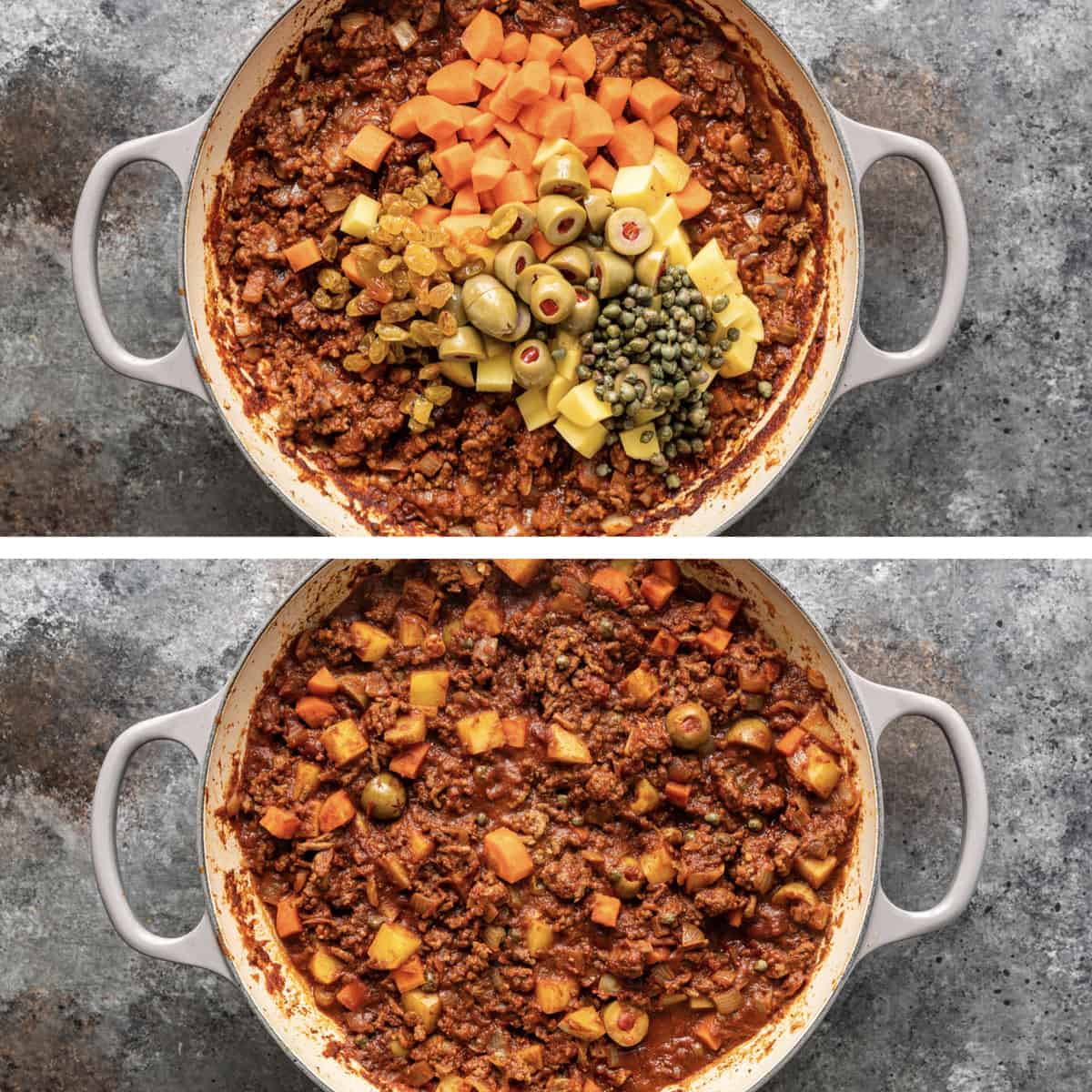 overhead collage: adding vegetables into cuban beef picadillo while cooking