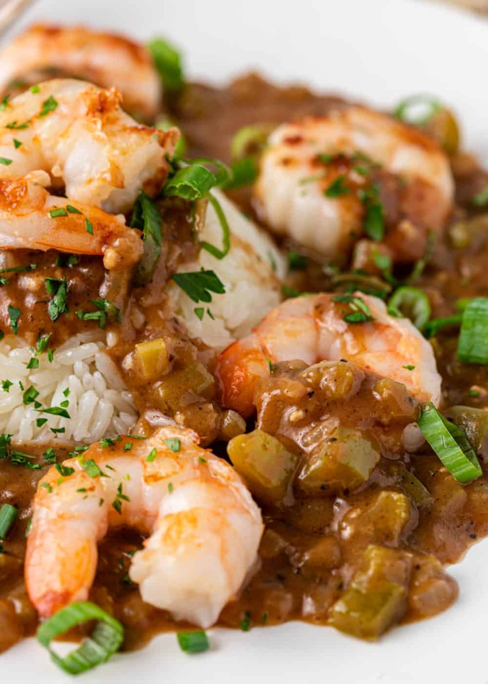 closeup: plump pieces of sauteed shrimp in dark brown gravy with rice