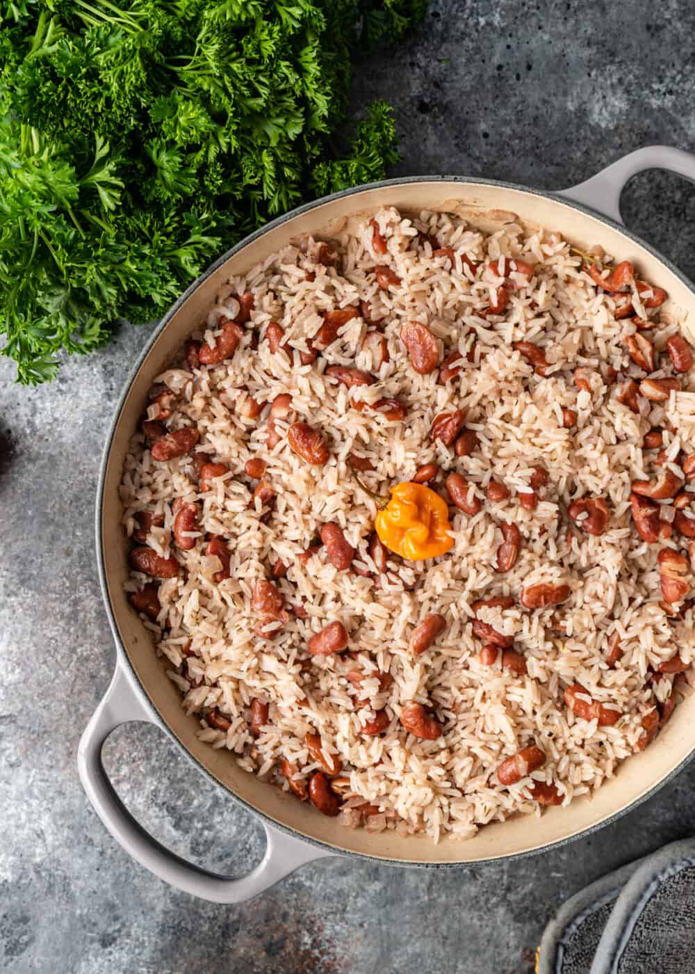 overhead image: large skillet of cooked beans and rice
