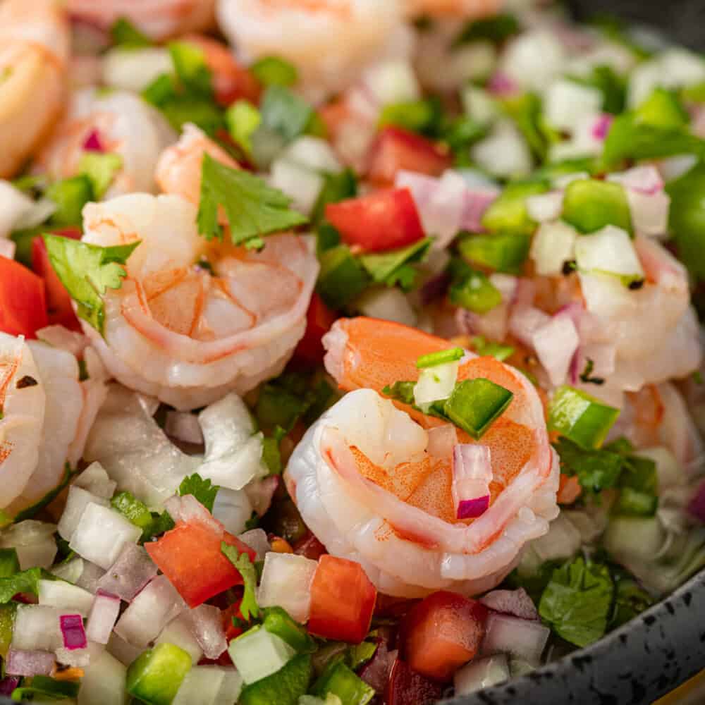 close up of Mexican ceviche with cooked shrimp