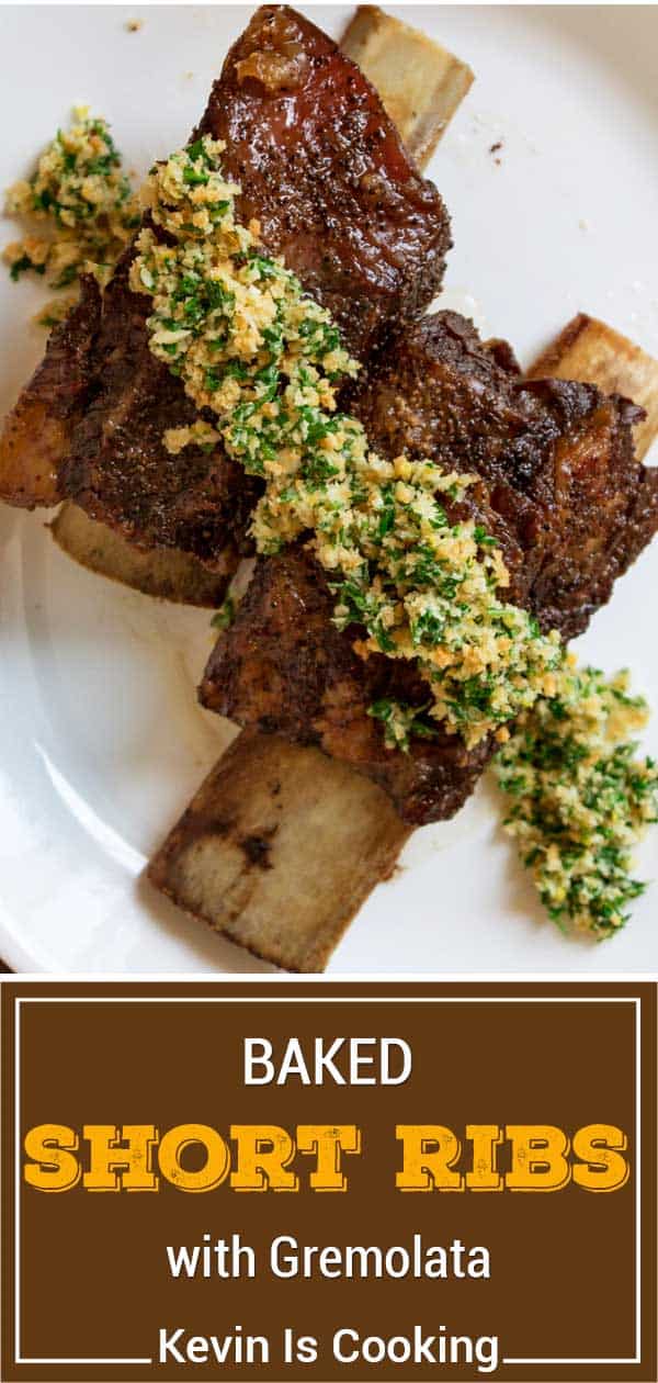 overhead of baked short ribs with gremolata on top