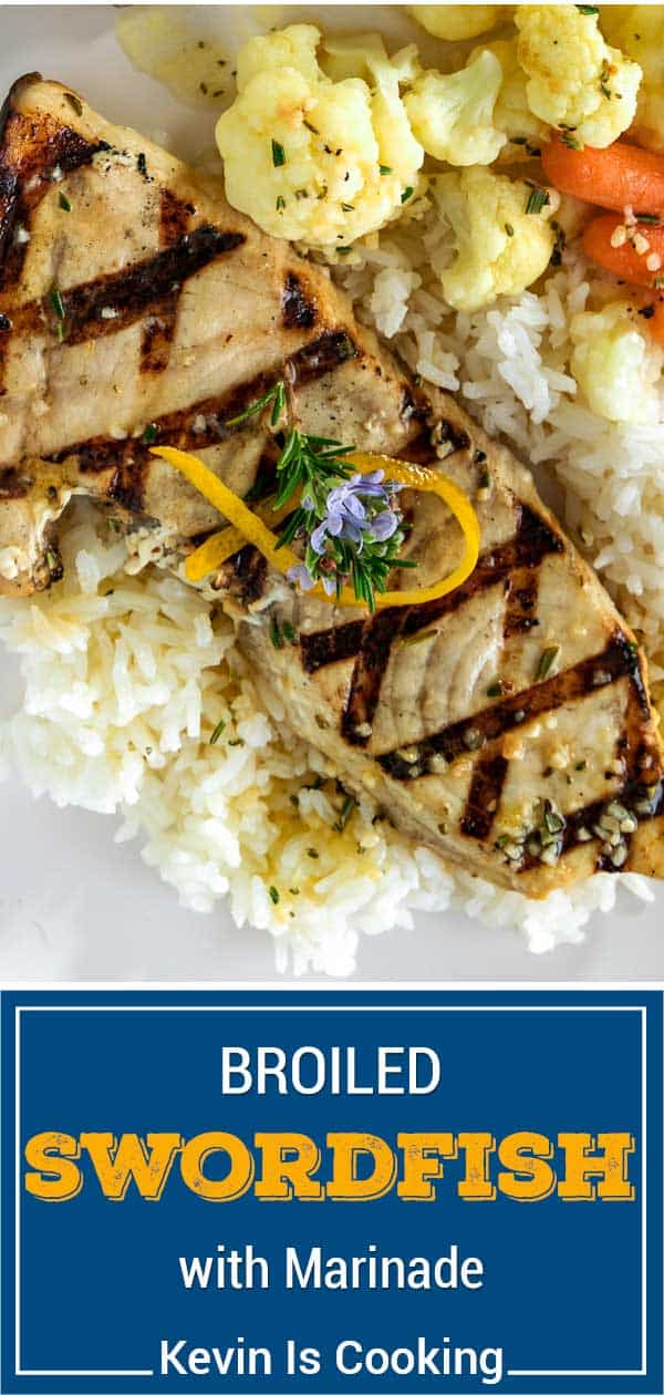 titled image of grilled swordfish steak over white rice