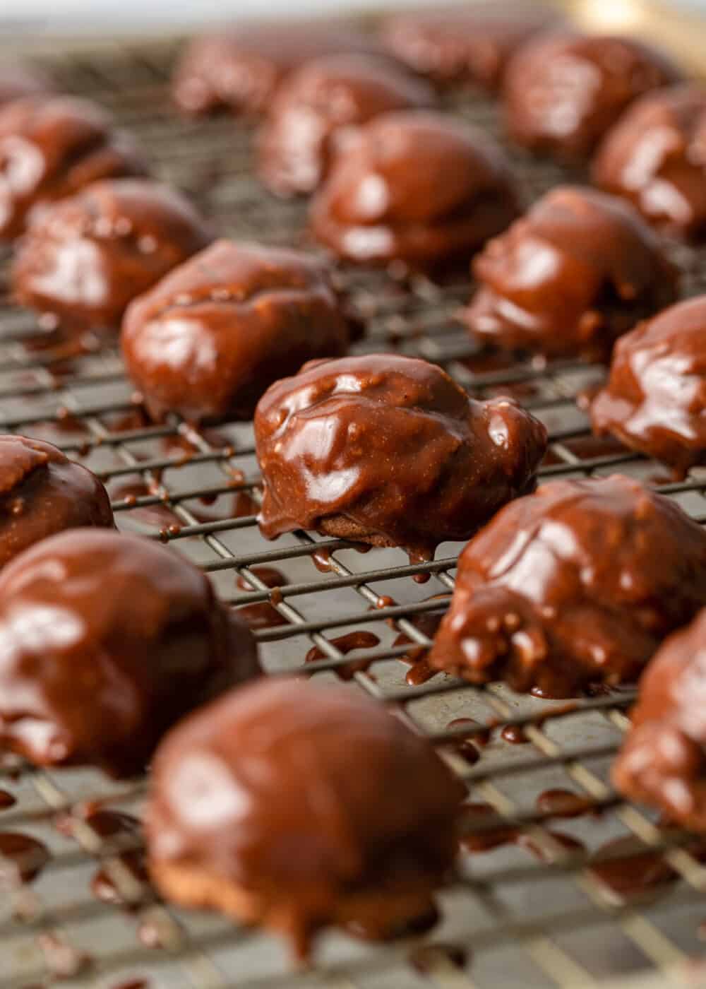 closeup: glossy chocolate glazed cookies