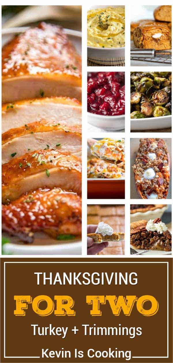 sliced turkey, side dishes and desserts for thanksgiving