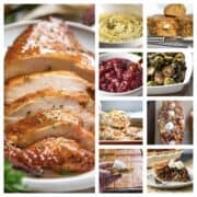 assorted images in collage of Thanksgiving turkey and sides