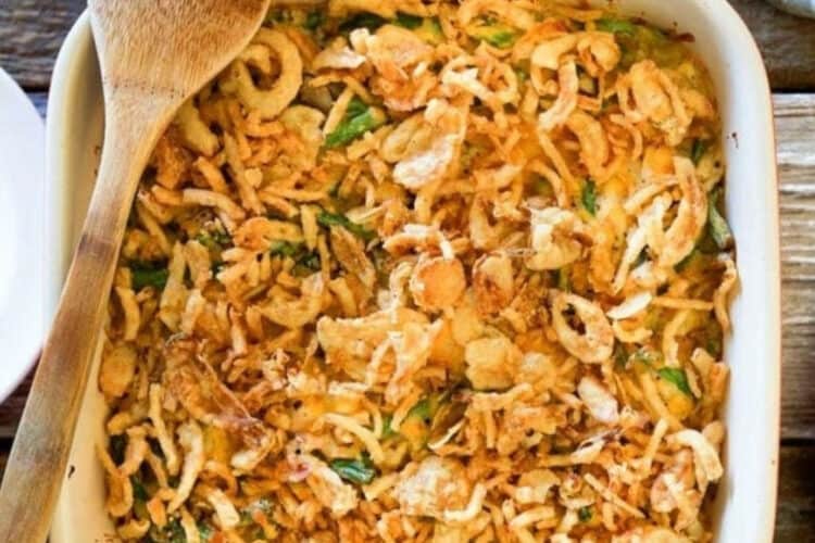overhead: baked french's green bean casserole in baking dish