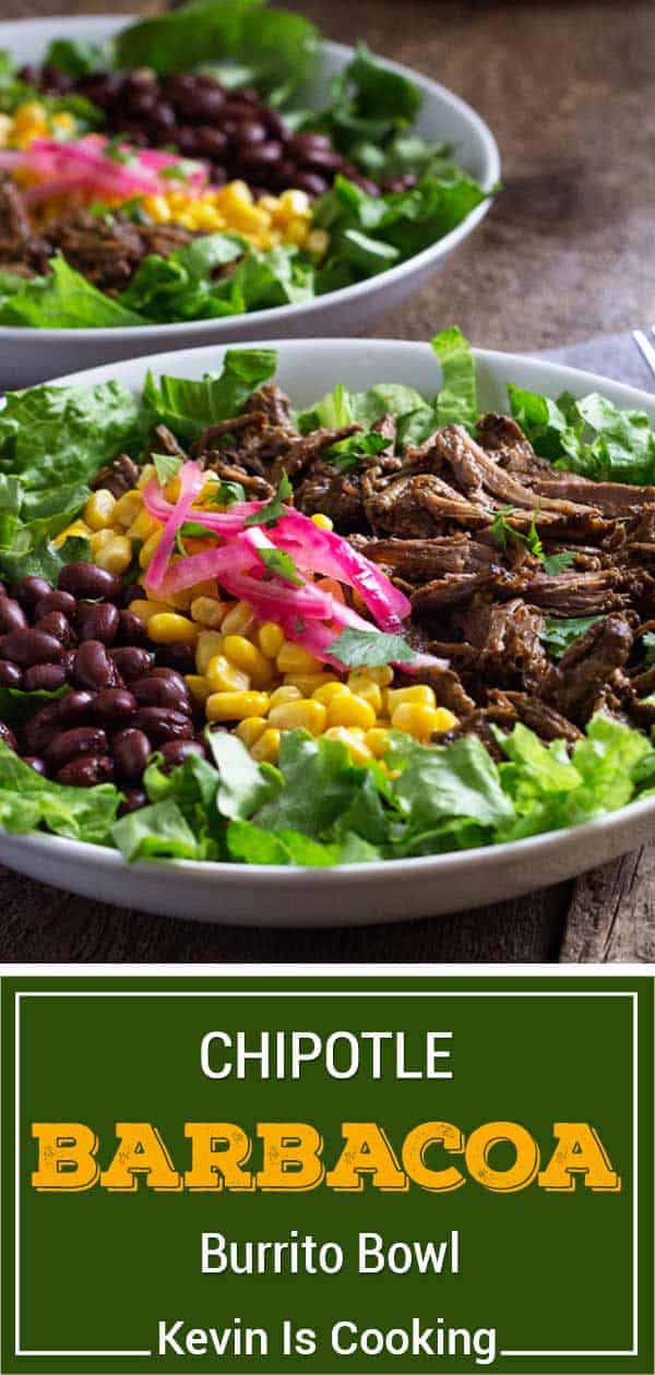 titled: chipotle barbacoa on greens in a bowl with corn and black beans