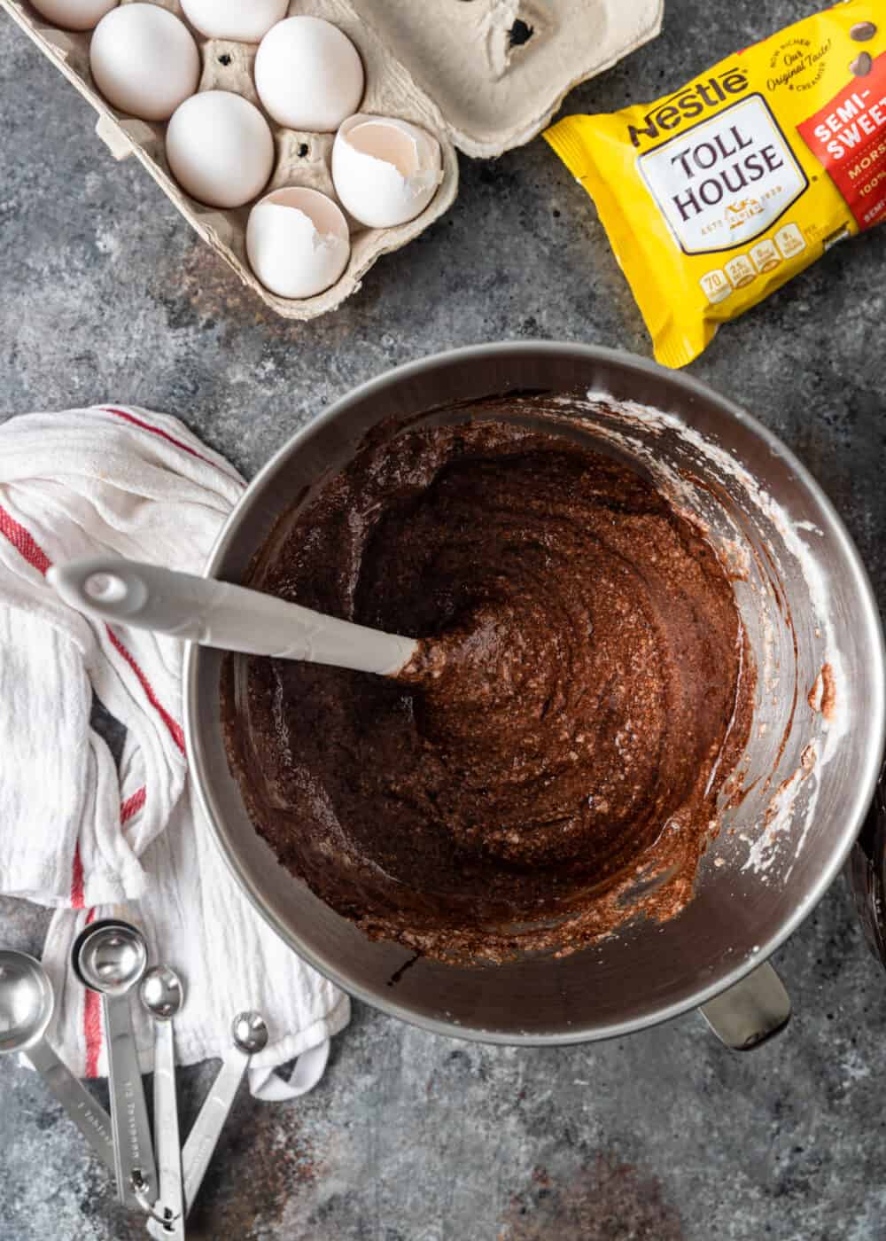 overhead: mixing batter in large mixing bowl for mocha cake recipe