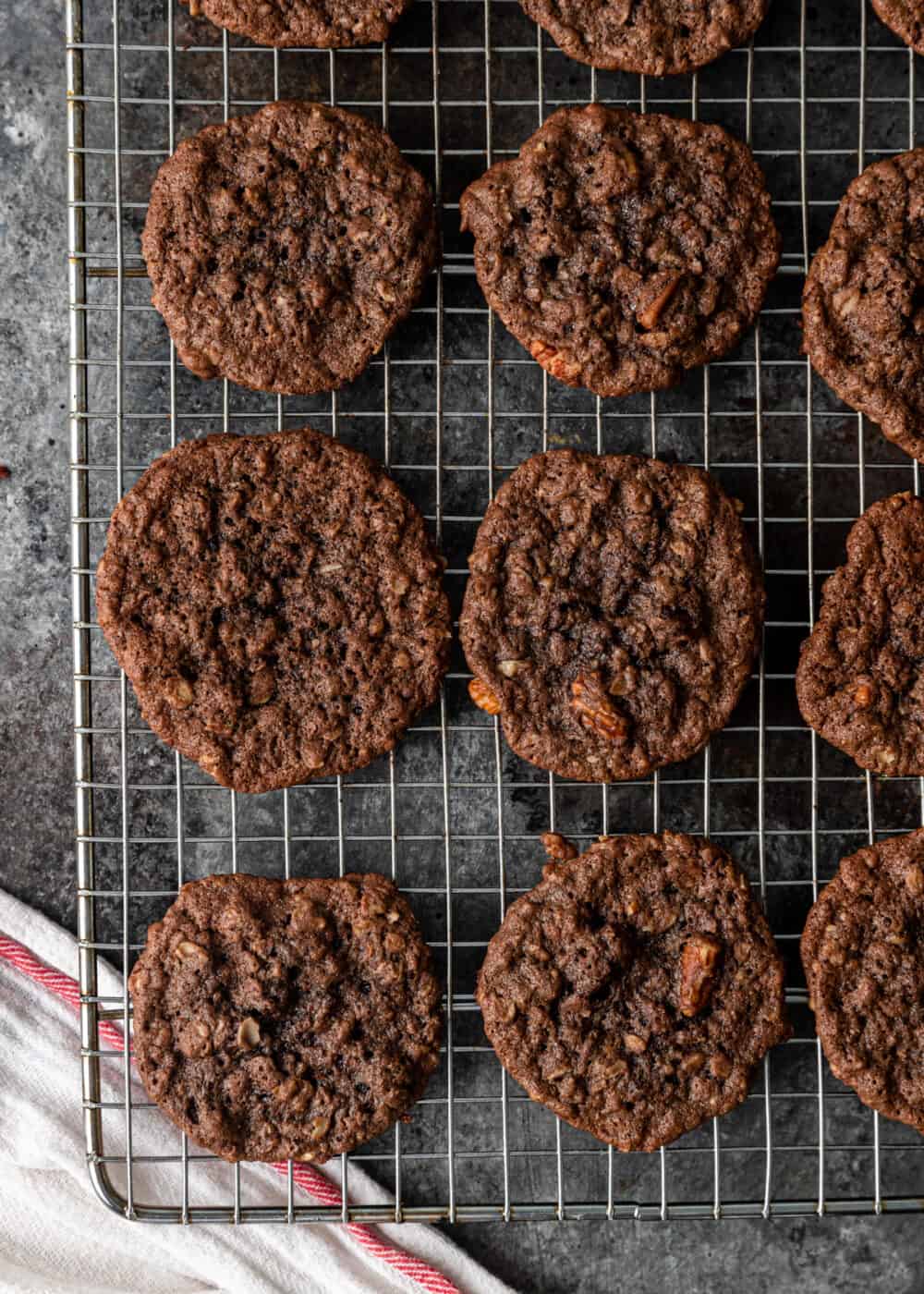 overhead: chocolate pecan cookies on cooling rack