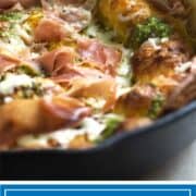 A Dutch Baby is like a cross between a popover and a Yorkshire pudding, but big. Mine are infused with Swiss cheese, fresh pesto and topped with prosciutto.