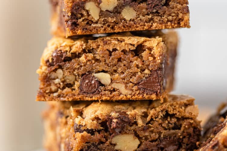 stack of square cut chocolate chip blondies