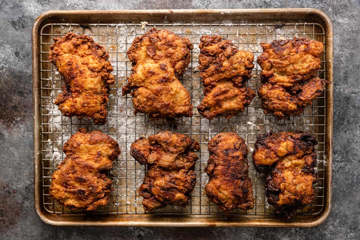 overhead: freshly fried chicken for chicken and waffles