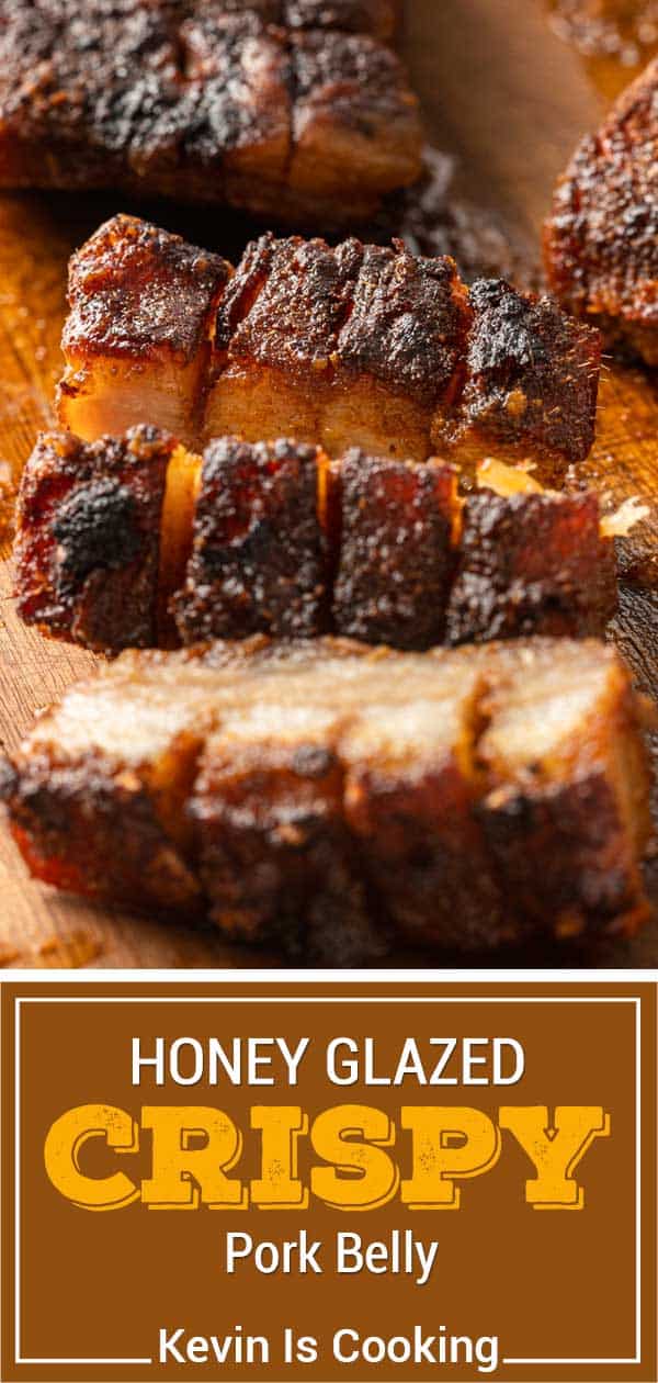 honey glazed crispy pork belly on cutting board