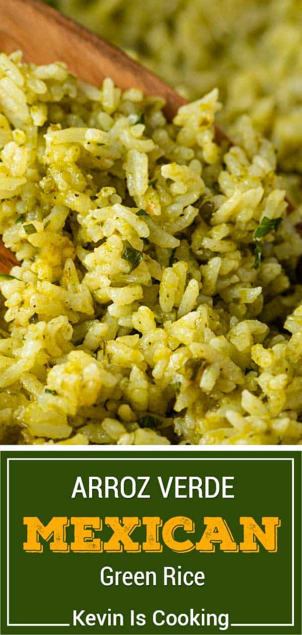 side view of Arroz Verde (Mexican Green Rice) with a wooden spoon