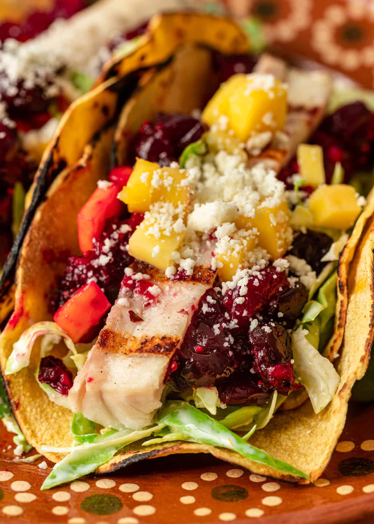 closeup of Mahi Mahi Tacos w/ Fruit Salad