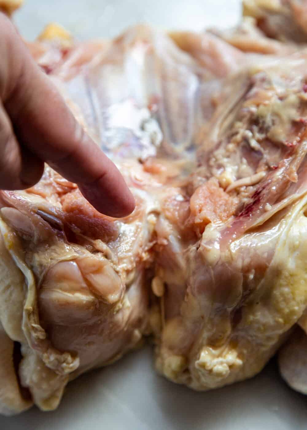 finger pointing to wishbone on inside of raw chicken