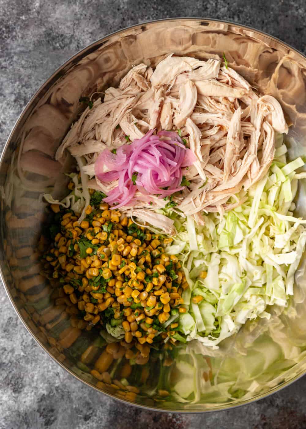 overhead: Mexican coleslaw ingredients before mixing