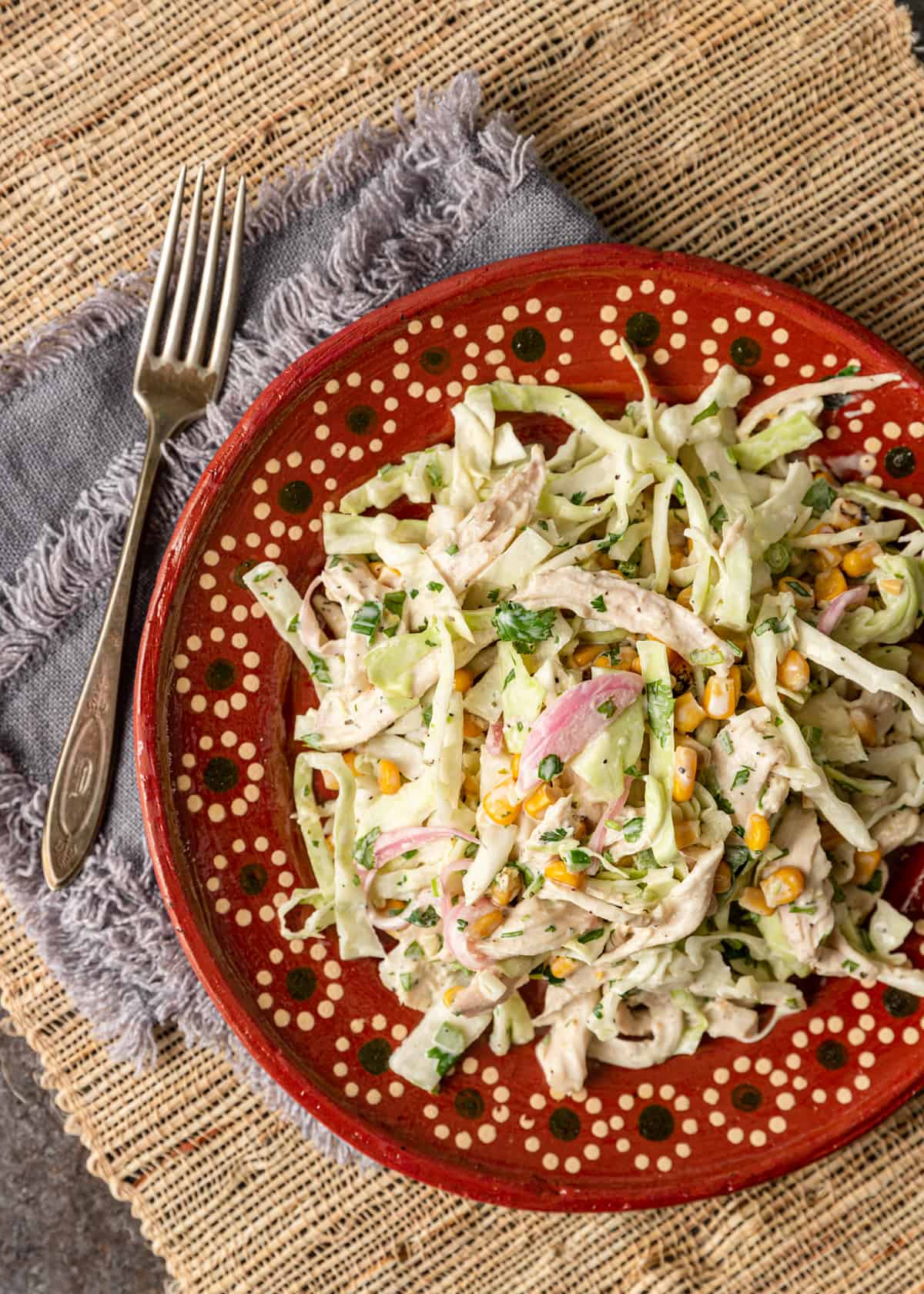 overhead: a red ceramic plate with Mexican coleslaw and a fork