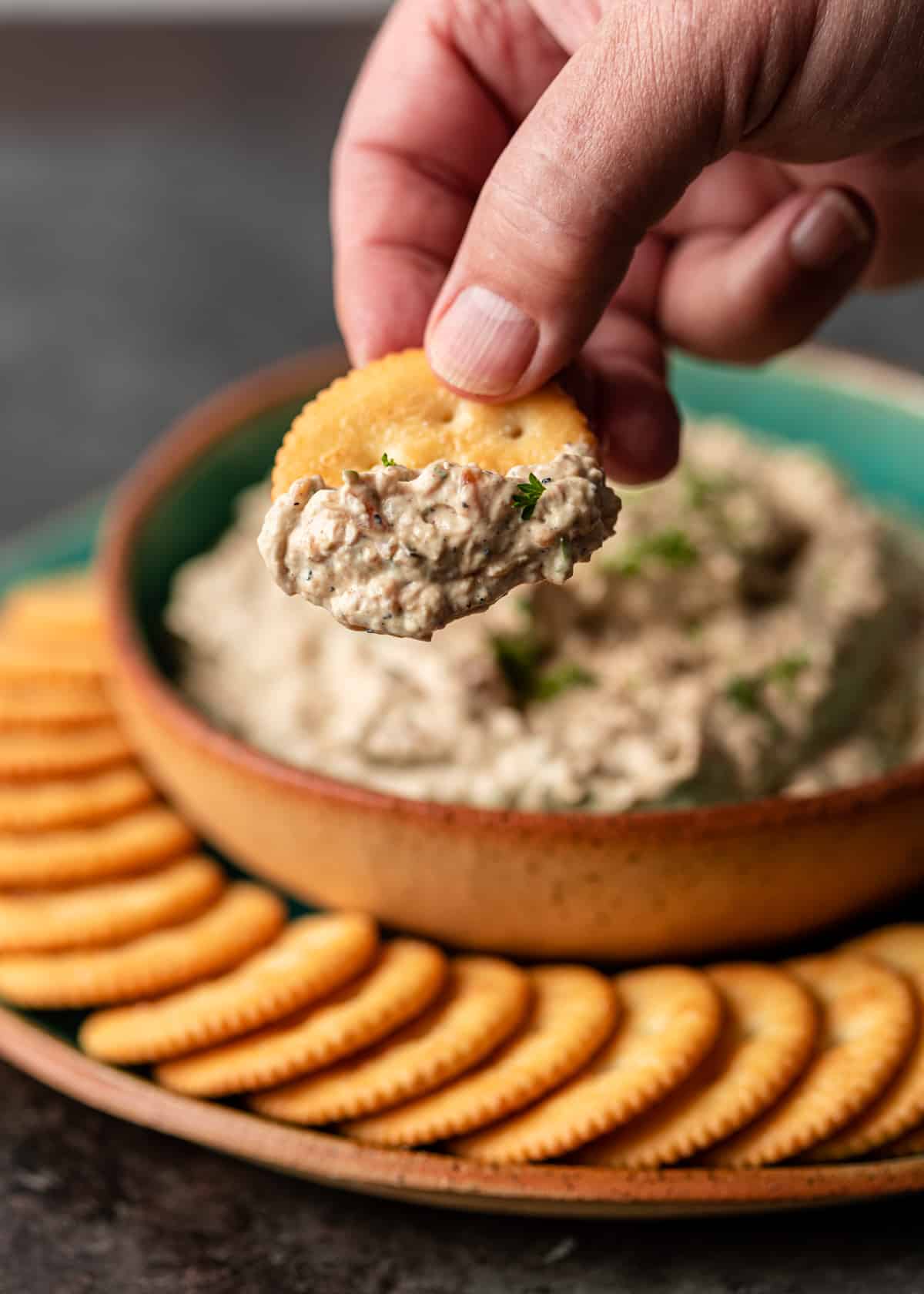 dipping cracker into Caramelized Onion Dip