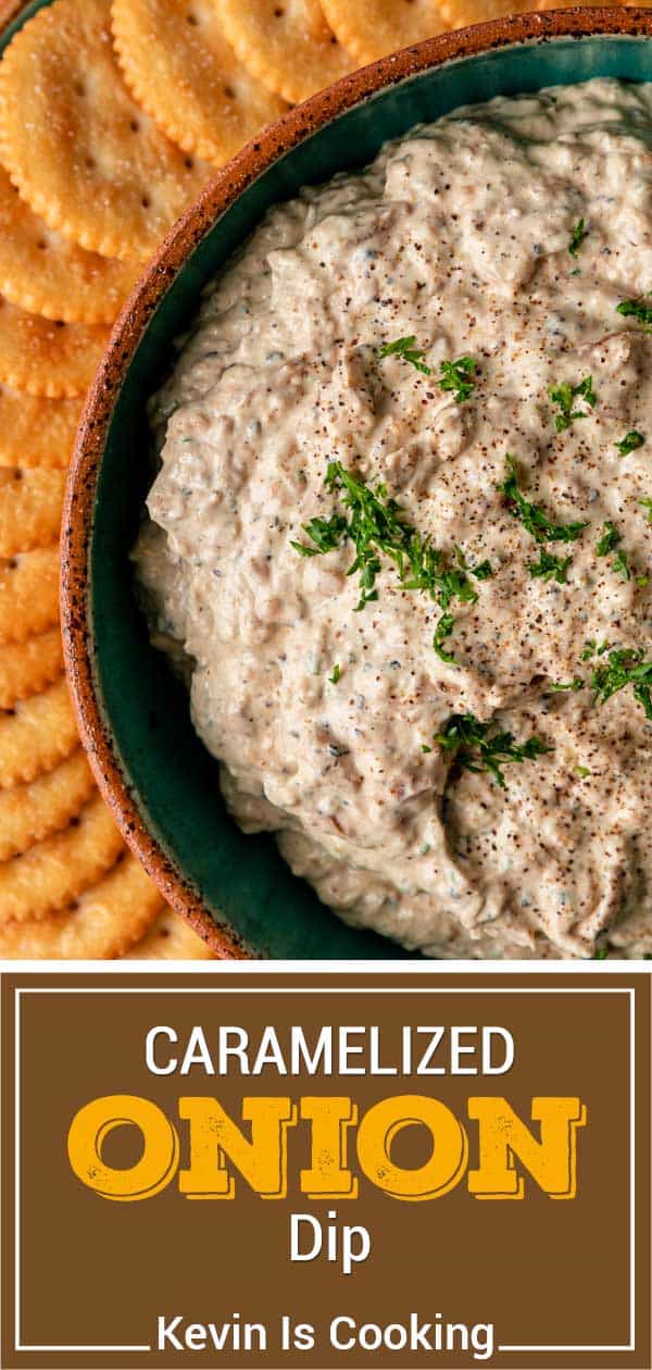 Caramelized Onion Dip on a platter with crackers
