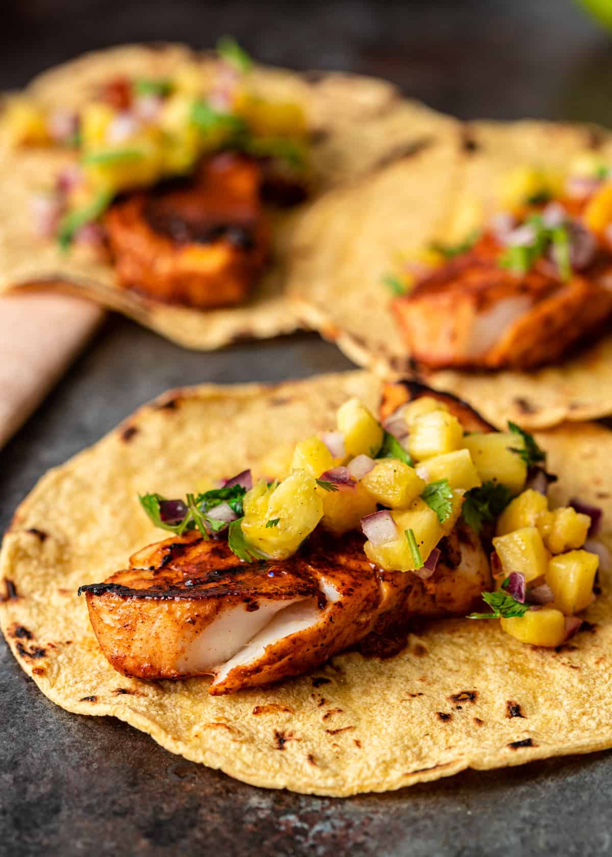 closeup: fish tacos with pineapple salsa