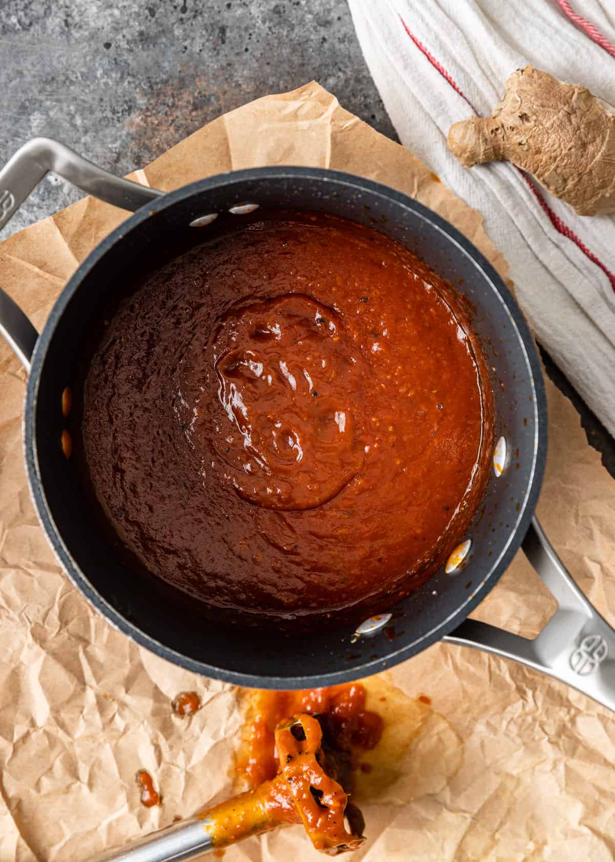 overhead: cooked and blended sesame ginger BBQ sauce in a pot