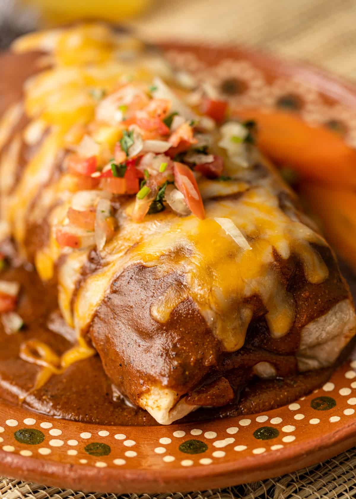 closeup: cooked wet burrito with melted cheese and toppings