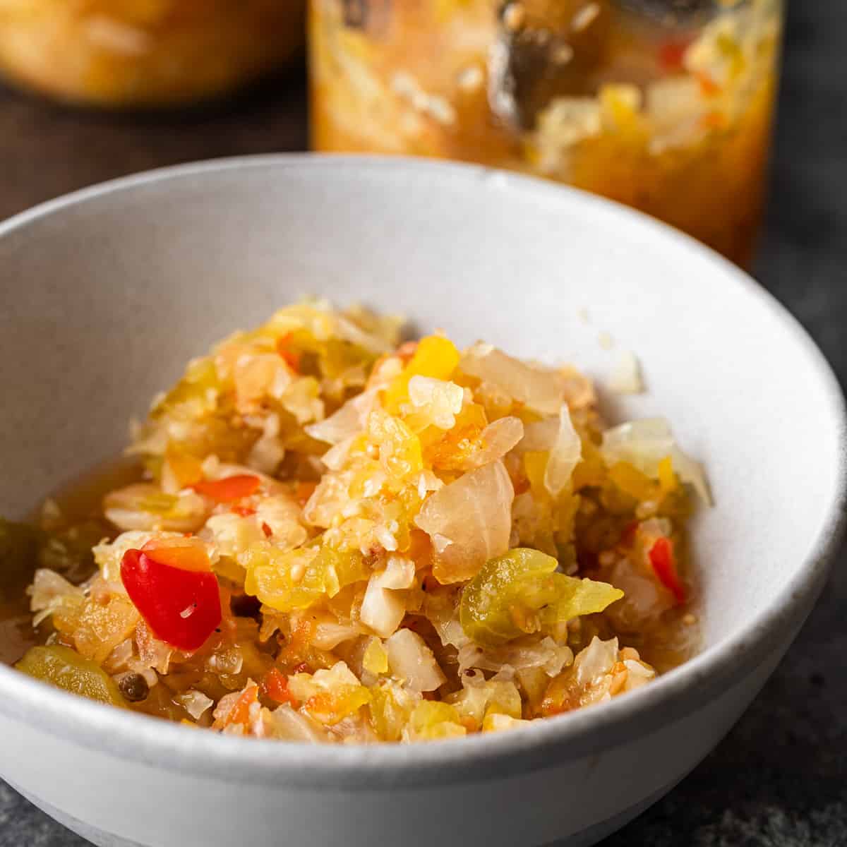 overhead closeup: Chow Chow relish in a small white bowl