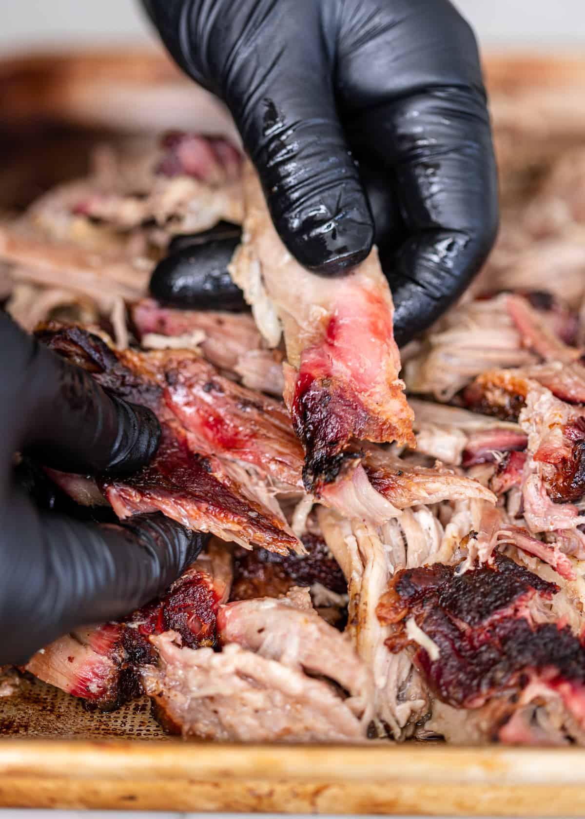 closeup: pulling pork with black gloved hands