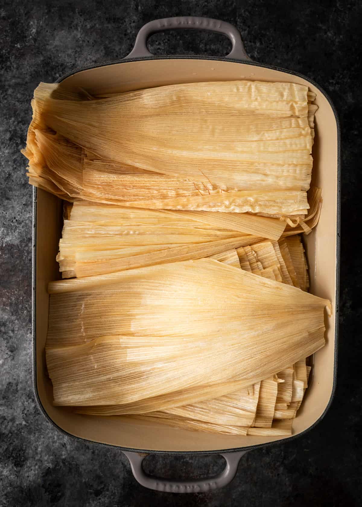 overhead: soaked husks for tamales